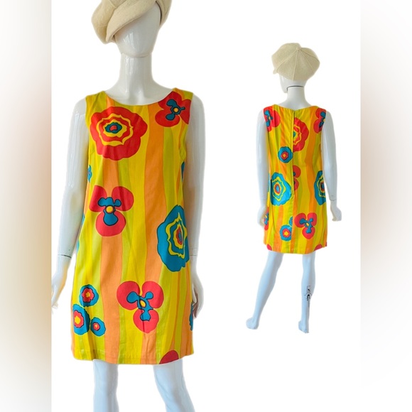 Vtg 60’s Mod Shift Floral Dress Screen Printed - Picture 2 of 4